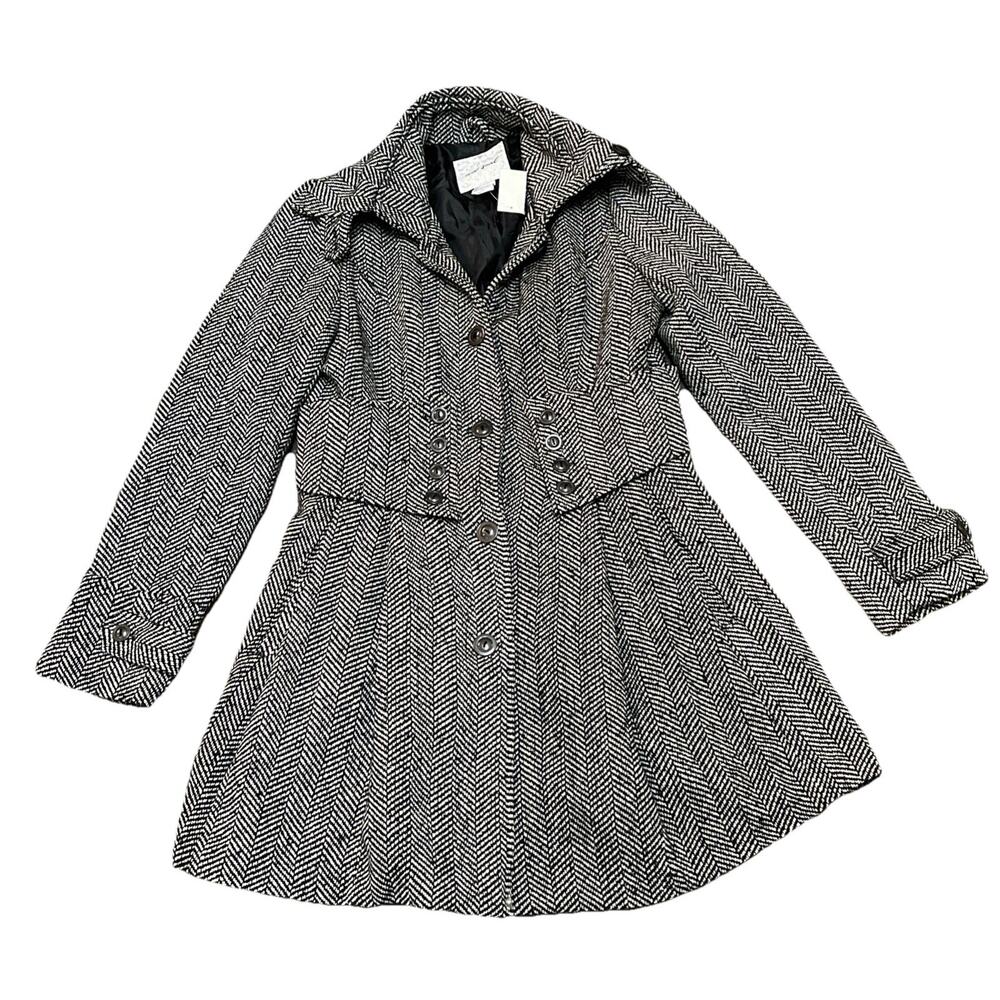 Y2K Wet Seal Herringbone Wool Blend Pea Coat Jacket Black White Herringbone‎ XL